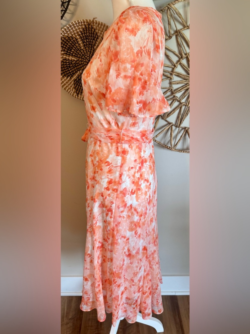 DKNY Coral Floral Chiffon Flutter Sleeve Midi Dress with Tie Waist Size 8 - Picture 3 of 9